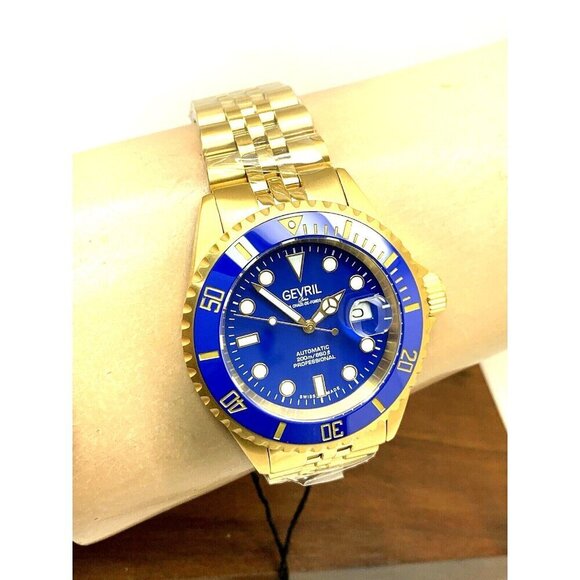Gevril Men's Watch 4854B Wall Street Swiss Automatic Diver Blue Dial Gold 43mm - Picture 12 of 15